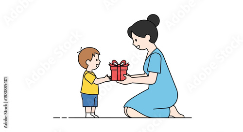 woman presenting red wrapped gift to child scene.