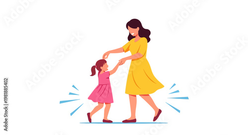 Mother and daughter dancing together in colorful dresses.