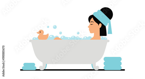 Woman Bathing In Bathtub With Rubber Duck.