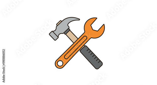 Crossed hammer and wrench hand tools.