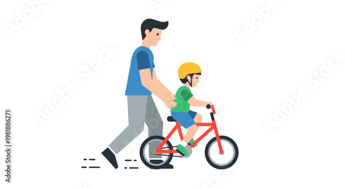 Adult man guiding child on bicycle ride together.