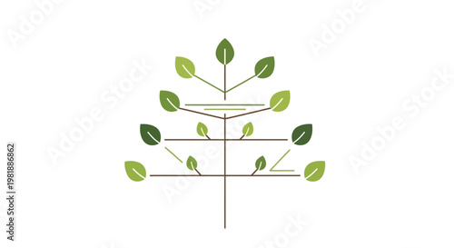 Stylized plant with multiple branching stems and green leaves.