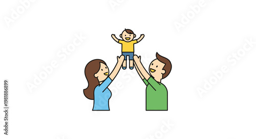 Joyful child lifted by two adults in celebration.