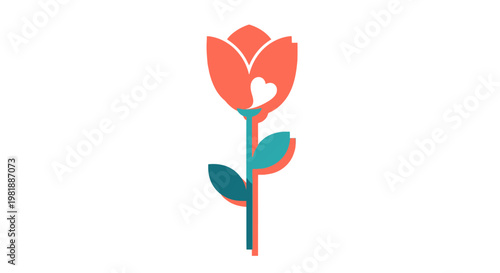 Stylized Heart Shaped Flower Illustration With Colorful Stem.
