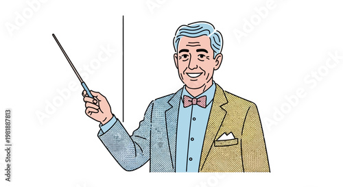 Smiling older man holding baton stick.