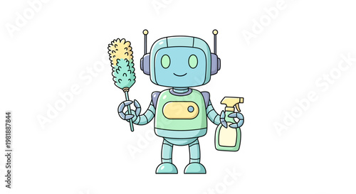 Robot character with cleaning supplies.