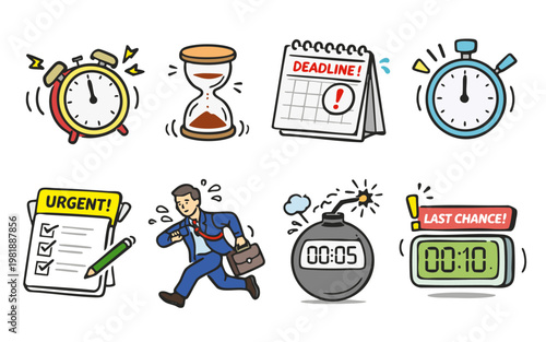 時間管理と締切の線画アイコンセット・ベクター・カラー / Time Management, Deadline, Urgent Line Icon Set, vector, color