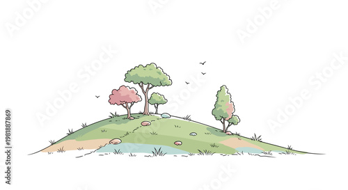 Trees on a small green hill.