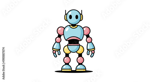 Colorful cartoon robot standing alone.