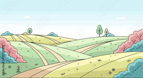 Rolling hills with trees and bushes.