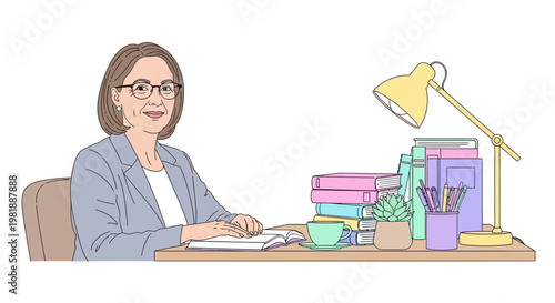 Woman sitting at desk with books.