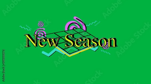 Animation of new season text in yellow letters and colorful graphics on white background