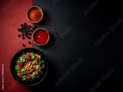 Vibrant salad bowl with fresh greens, nuts, and berries next to sauce bowls on split red and black surface