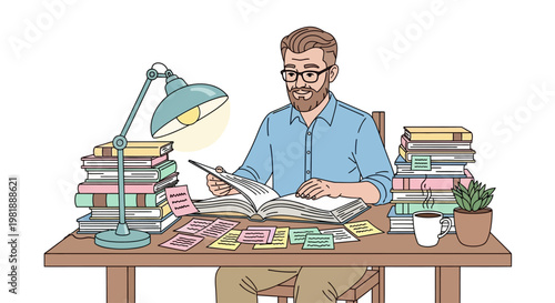 Man sitting at desk with books.