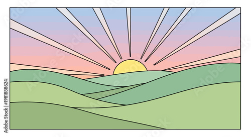 Sunrise over green rolling hills landscape.