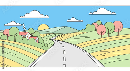 Asphalt Road Stretching Through Countryside Landscape.