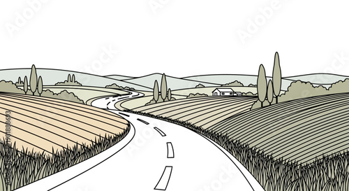 Asphalt road through agricultural fields landscape.