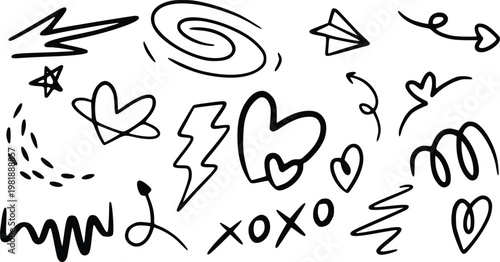 Collection of hand-drawn arrow doodles, hearts, stars, lightning bolts, scribbles, and XOXO symbols for creative design elements and artistic expressions