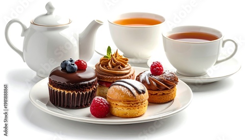 A pristine white teapot and two teacups grace a tabletop with a plate holding various, exquisitely decorated pastries