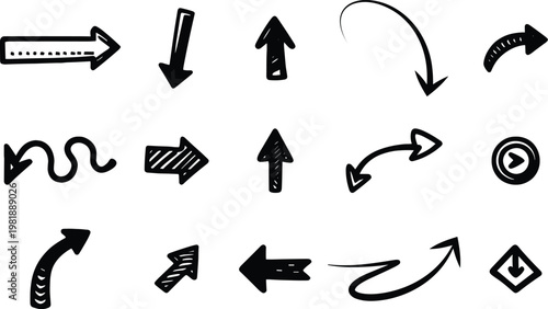 Set of Various Hand-Drawn Arrow Icons, Sketch Style Navigation and Direction Symbols for Design