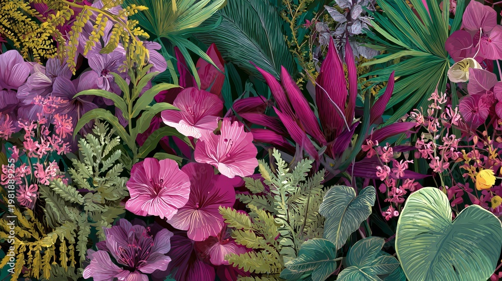 Naklejka premium Plants and blooms create a lively jungle look. Bright greens, purples, and pinks fill the scene, showing off detailed leaves and vivid colors.