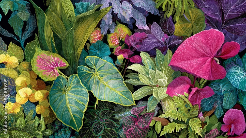 Naklejka premium Plants and blooms create a lively jungle look. Bright greens, purples, and pinks fill the scene, showing off detailed leaves and vivid colors.