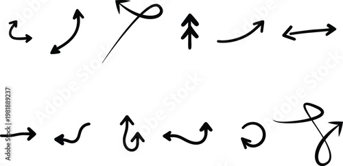 Collection of diverse hand-drawn sketchy arrows pointing in various directions, useful as graphic design elements for indicating navigation, flow, or emphasis