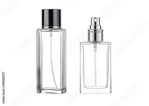 Two clear glass perfume or fragrance bottles are displayed side by side showcasing their sleek designs on transparent background high quality professional detailed modern elegant stylish clean crisp