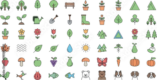 Nature and Gardening Icon Set, Plants, Flowers, Animals, Trees, Gardening Tools, Fruits, and More in Clean Vector Style
