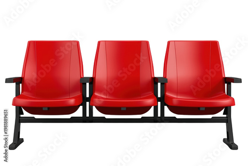 Three red plastic stadium seats in a row, providing seating for an audience at a sports arena or event venue