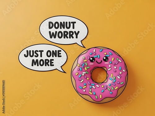 A cheerful pink donut with colorful sprinkles speaks words of encouragement on a vibrant orange background.