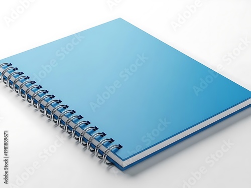 A blue spiral notebook lies open on a white surface with metal rings.