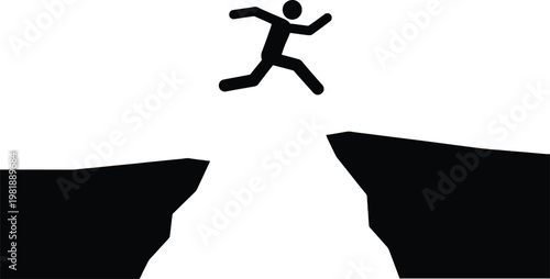 Stick figure leaping across a dangerous chasm black and white illustration
