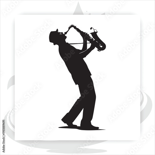 Saxophone Player Silhouette Vector Illustration, Jazz Musician Playing Sax Instrument Isolated on White Background,
