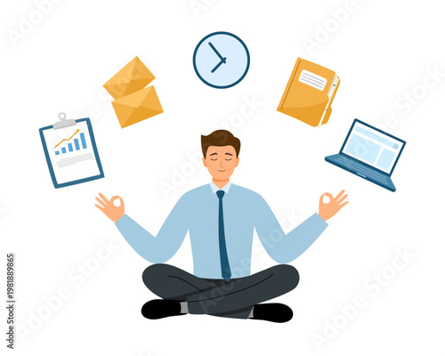 Man sitting in lotus position, practicing mindfulness meditation with office icons. Worker doing yoga on workplace. Emotional balance, stress relief concept. Healthy mind and body of businessman.