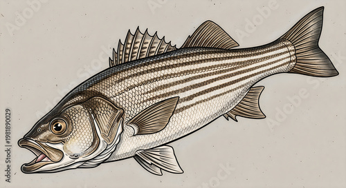 A detailed and realistic black and white line art illustration of a striped bass fish species illustration