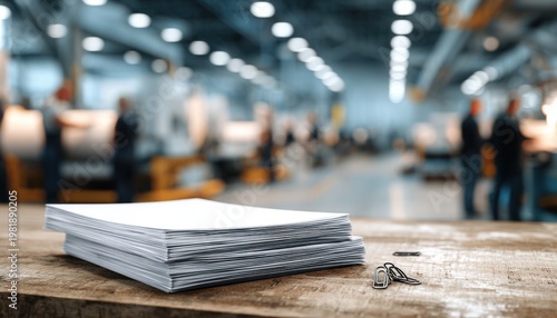A table with a neatly stacked pile of printed papers secured with paper clips in an industrial office or warehouse setting