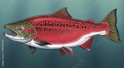 A detailed illustration of a vibrant red sockeye salmon swimming through the dark blue water illustration