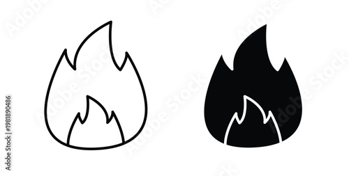 Fire icon in black and white color. Solid and linear icons