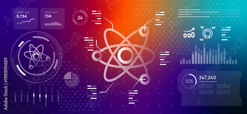 nuclear energy and scientific research concept atom structure high tech dashboard with physics data and laboratory experiments analytics for advanced technology and innovation science