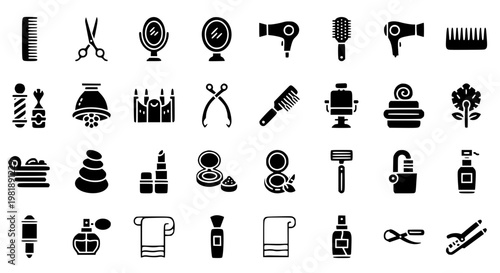 Hair salon spa beauty filled icons collection barber cosmetic vector set