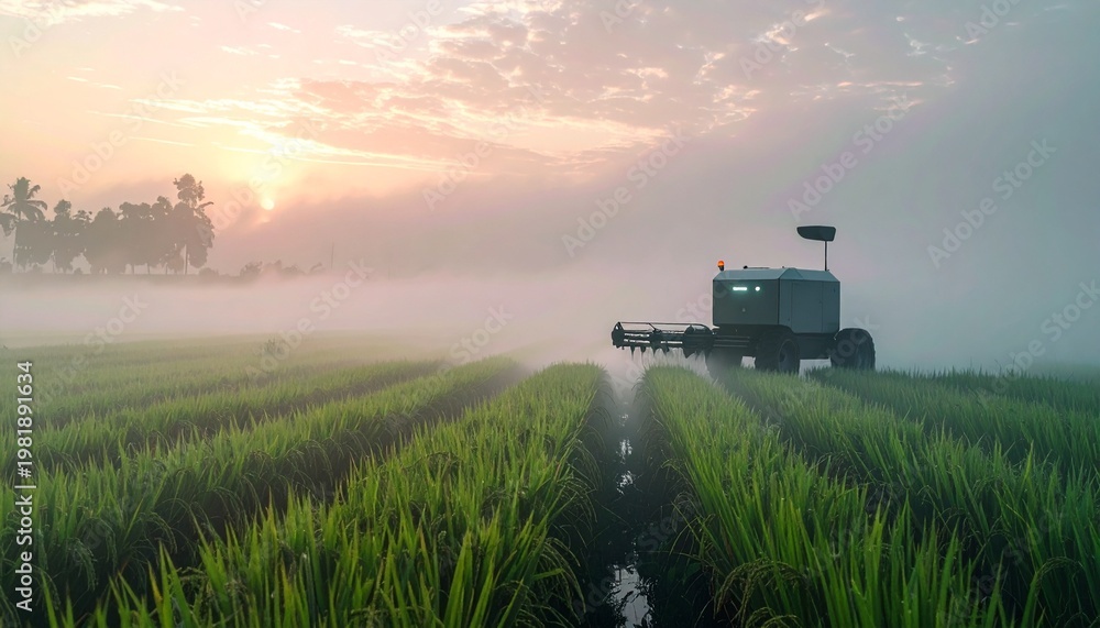 Fototapeta premium Modern agricultural harvester working in misty rice field at sunrise