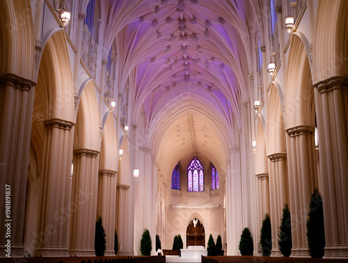 Magnificent cathedral interior featuring stained glass and symmetrical structure
