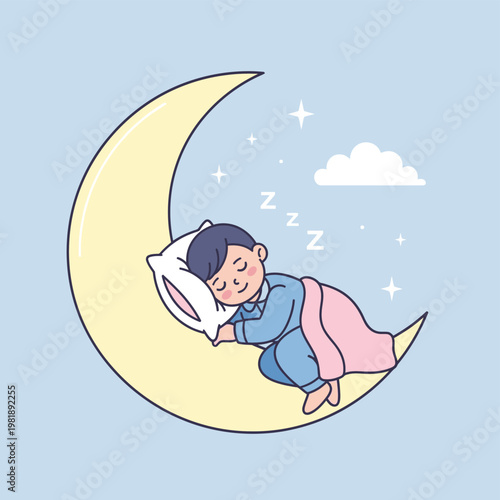 Sleepy child resting on crescent moon illustration.