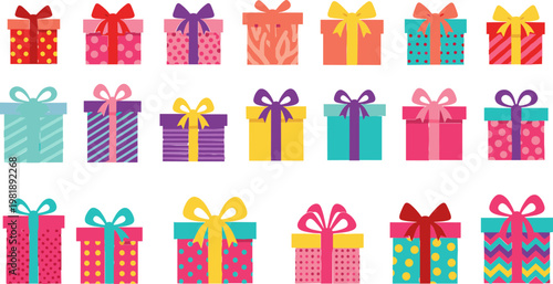 Colorful Gift Box Set with Ribbons and Bows in Various Patterns for Birthday, Christmas, Celebration and Holiday Packaging Design