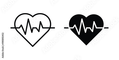 Heartbeat icon in black and white color. Solid and linear icons