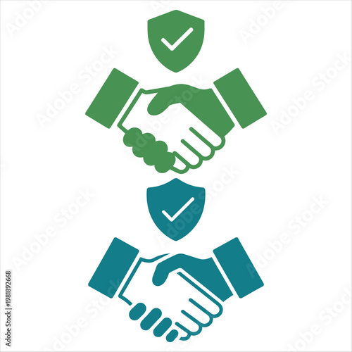 Green and blue handshake icons with shields agreement