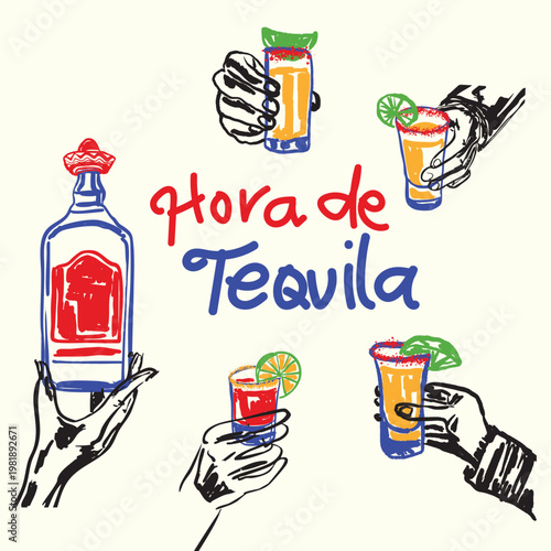 Tequila Time Cheers Bottle and Glass Doodle Illustration for Fiesta Celebration