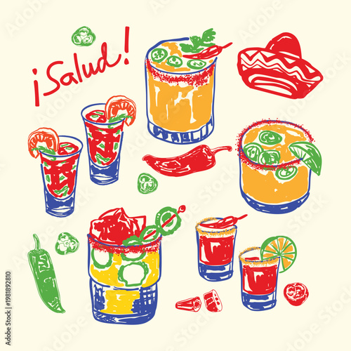 Mexican Cocktail Drinks Set with Tequila Spicy Margarita and Michelada