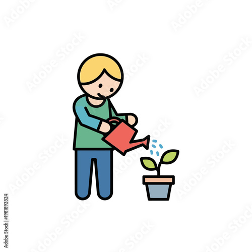 Cartoon Person Watering Plant In Pot Illustration.